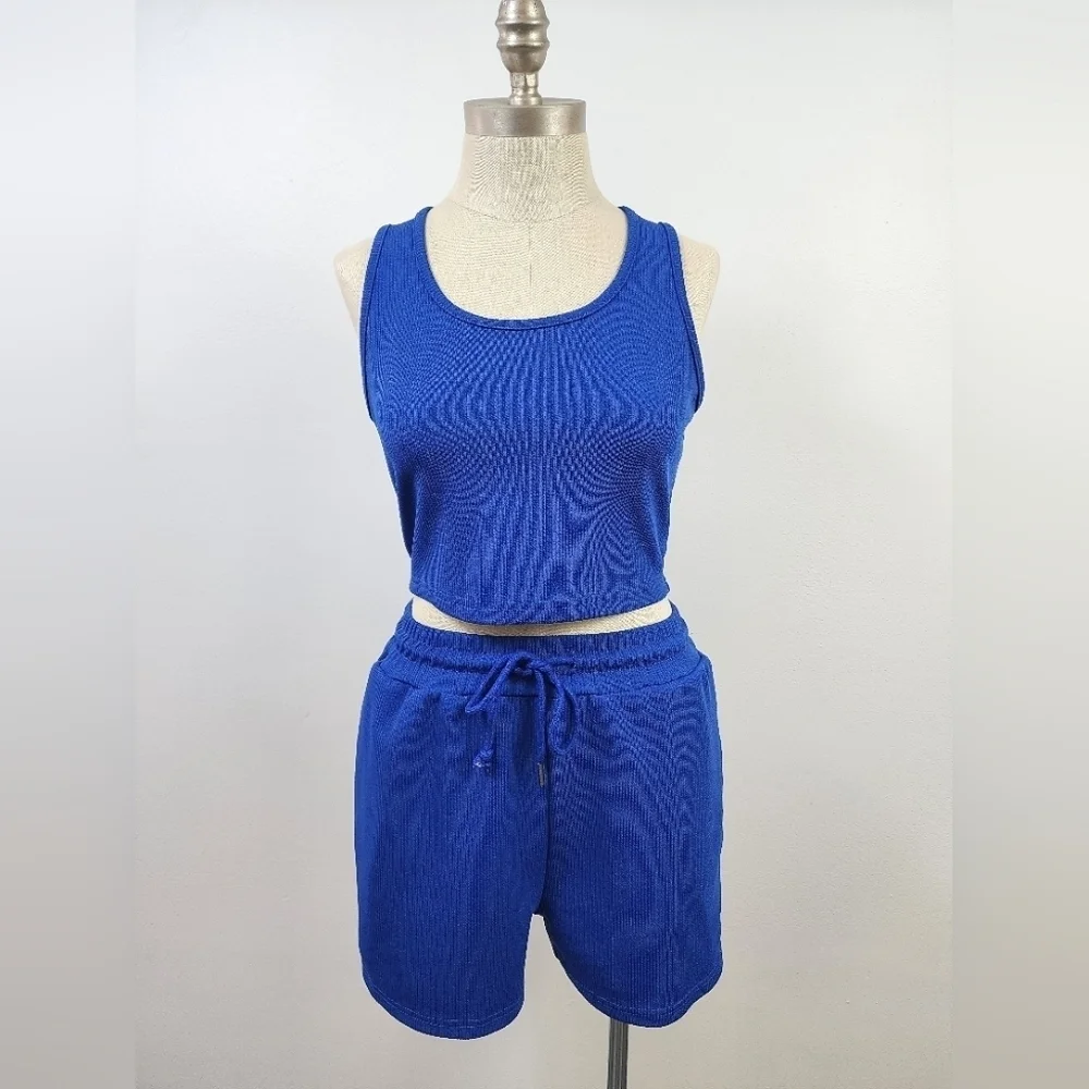 SHEIN Blue Textured Knit Tank & Shorts Matching Lounge Set Size Medium